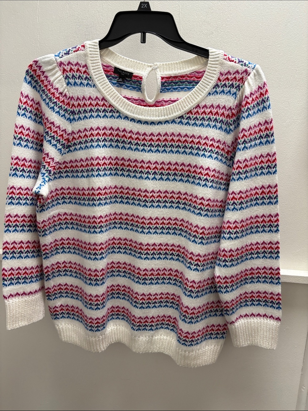 Talbots White Crewneck Sweater with Pink & Blue Stripes